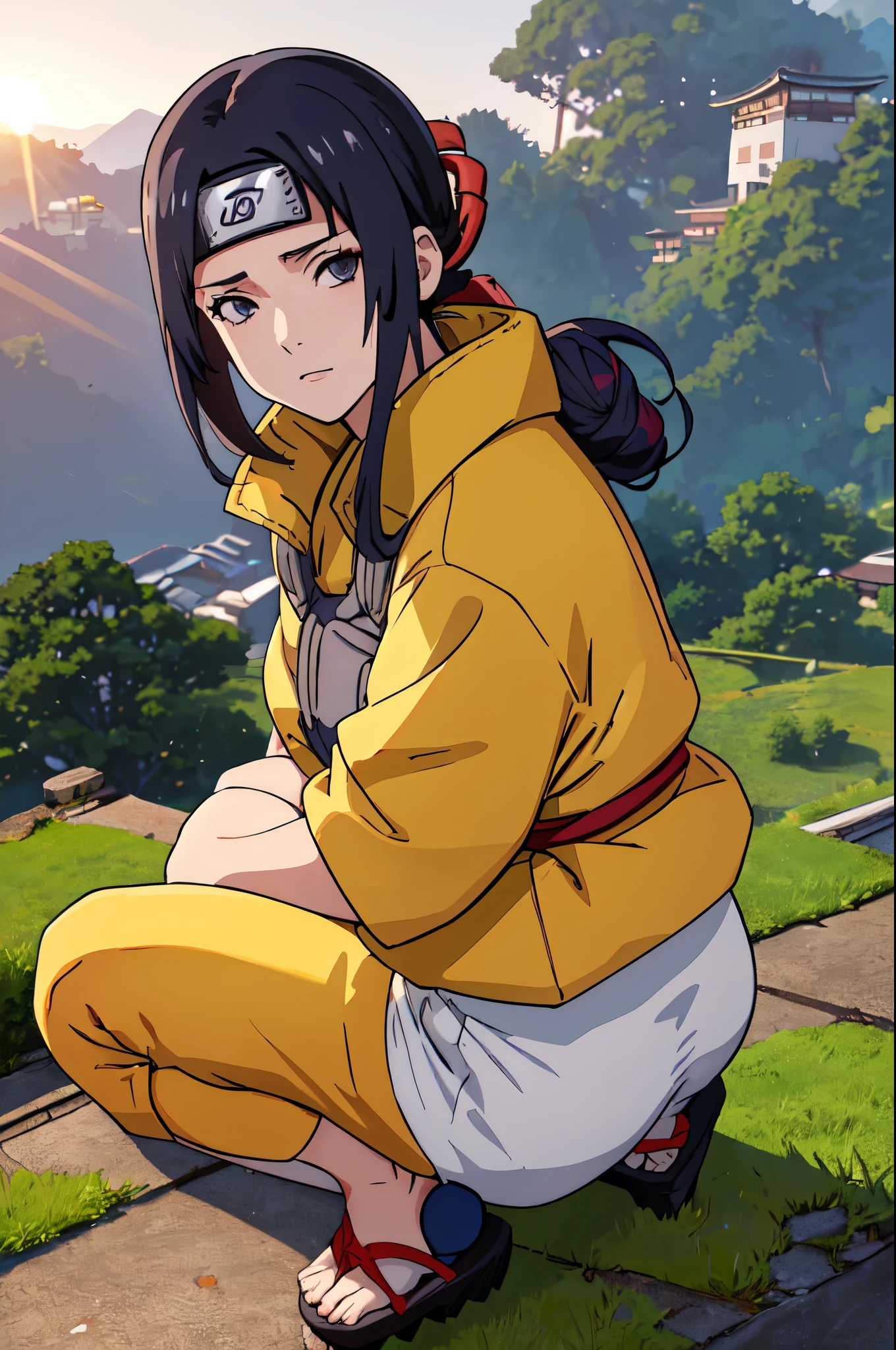 ,forehead protector,rooftop, the above, japanese village, Naruto, nature, Crouching on a hill、( top quality, masterpiece, RAW photos , ultra detailed :1.2), 1 girl,Alone,looking at viewer, backlit、