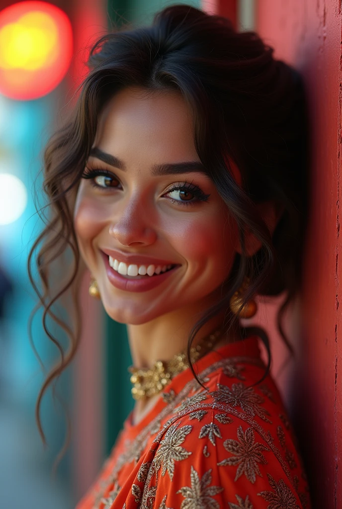 The Arad woman in a red dress smiled at the camera, Soft portrait shot 8 K, 8K Artgerm bokeh, Beautiful young woman, beautiful portrait lighting, beautiful and smiling, Bokeh top cinematic lighting, Beautiful girl portrait, Portrait shooting, Gorgeous woman, elegant smiling pose, young beautiful woman, A beautiful young woman, Portrait photo of a beautiful, cute seductive smile