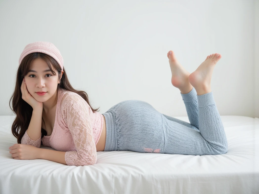 ((Pretty busty korean girl wear light pink hijab and wearing light pale blue knitted long pants laying down (on stomach) with bot legs are open at white sheet in the bed)), (plump short body) , detailed face, big breast:1.7, peachy shaped buttock, thick thighs, view from top rear, view from side rear body, buttock facing at camera, accentuated your buttock, protruded buttocks up, the contour of the legs clearly visible, looking seductively, sfw, looking at camera, detailed lace, wearing light pink lace leotard, (chubby:1.1), wet body, oily body, wet clothes, bottomless, nude skin, 