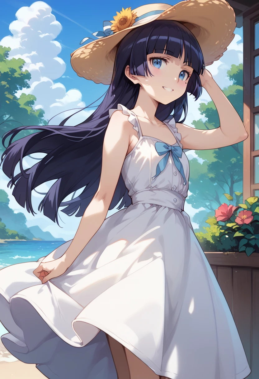 masterpiece, high definition , top quality,8k
(ruri gokou,long hair,black hair,mole under eye,hime cut)
(blue eyes,white dress,Sun hat,sundress)smile