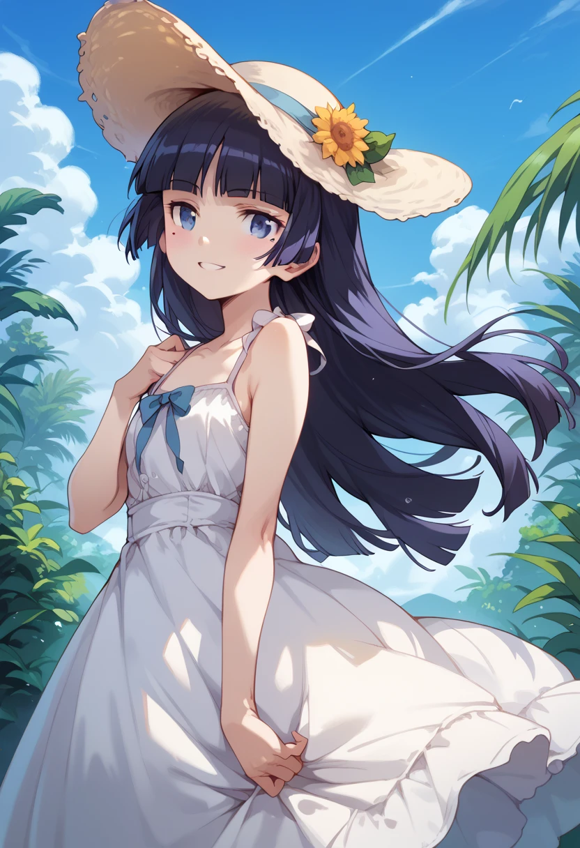 masterpiece, high definition , top quality,8k
(ruri gokou,long hair,black hair,mole under eye,hime cut)
(blue eyes,white dress,Sun hat,sundress)smile