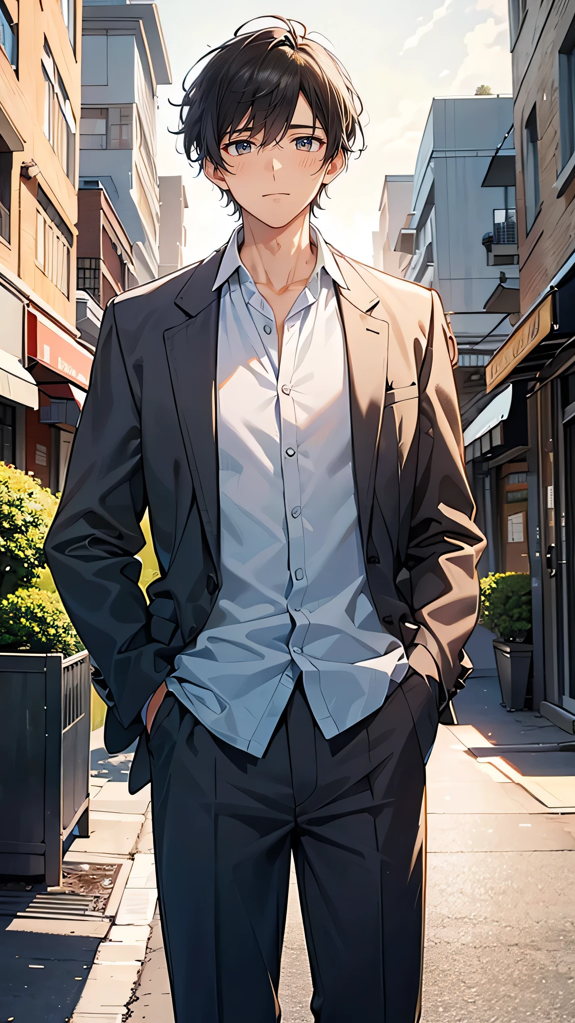 “A young man in his early 20s, with a hopeful yet slightly anxious expression, standing near a city hall building in a small town. He has short, messy black hair and wears a casual button-up shirt and slacks, with a jacket draped over his shoulder. He is holding a notepad and looks determined, as if ready to take on a new challenge. In the background, a mixture of old, run-down buildings and modern redevelopment projects symbolizes the conflicts he faces in his role.”