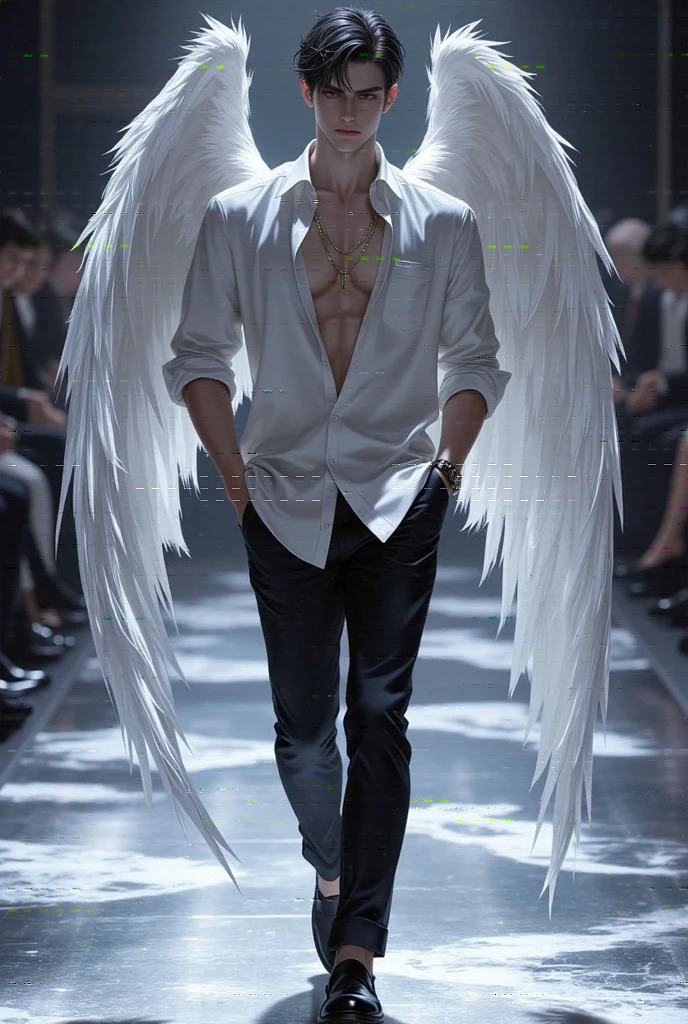 3D ANIMALS， A Victoria's Secret male model is on the catwalk，shirt and pants，The back has very beautiful wings，Gorgeous wings，Very gorgeous，from back：1.4，Strike a pose，