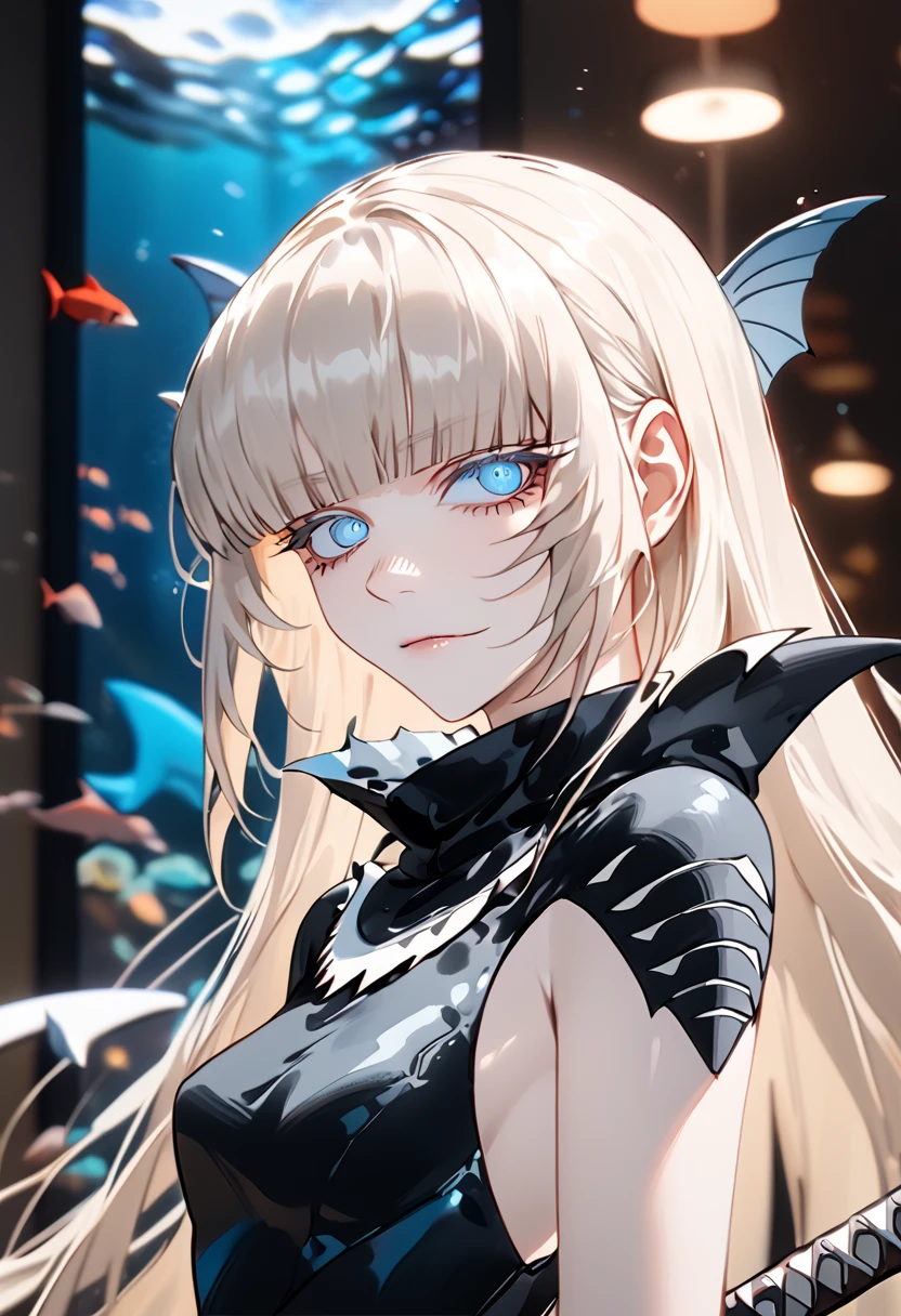 Anime style, 1 girl, 1 sexy girl, white pale skinned girl, porcelain skin, blue eyes, (HAIR: light blonde straight cut, long length, full bangs covering eyebrows, side framing fringe, extra long hair ) (BODY: half shark girl, neck gills, arm fins, dorsal shark fin )(best quality, 4k, 8k, highres, masterpiece:1.2), ultra-detailed, HDR, UHD, studio lighting, detailed eyes, ultra-fine painting, sharp focus, physically-based rendering, extreme detail description, professional, vivid colors, bokeh, underwater, holding a katana, score_9, score_8_up, score_9_up, source_anime