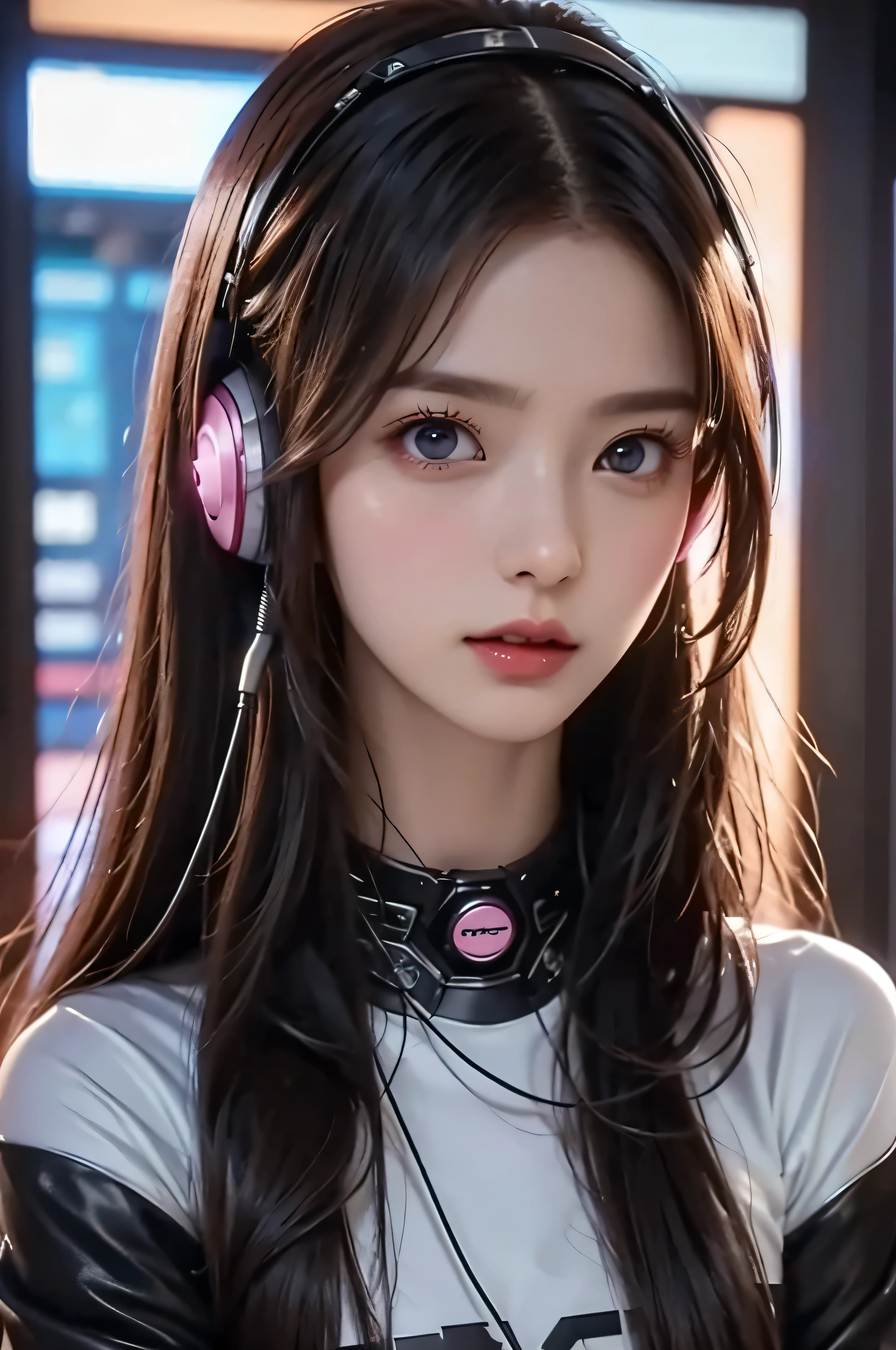 High image quality , 8k, Best Quality, Details, Semi-realistic animations , 3d anime style sex , Smooth Anime CG , one girl doing a prank , A 20-year-old Japanese woman , slim, modeling, Shiny brown hair , Detailsな顔, Beautiful and Details, glowing skin , Hard Focus 、 film grain , soft lighting , Viewers, Laughter、(( background is a cyberpunk style room with many monitors.......、 costumes are corded 、Long hair color pink、 Headset on 、Small tattoo on face、Female DJ、Viewersを見つめる ))