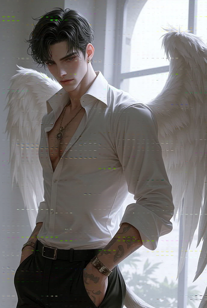 3D ANIMALS，A Victoria's Secret male model，shirt and pants，The back has very beautiful wings，Gorgeous wings，Very gorgeous，from back：1.4，Strike a pose，