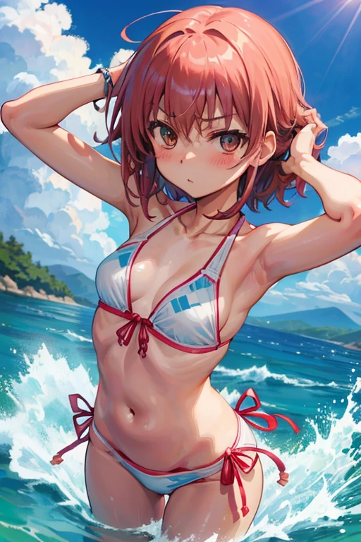 (masterpiece:2.0), (highest quality:2.0), (swim naked on the beach:1.5), (Tiny pink thong micro bikini:1.5), (super sexy pose:1.5), (look up from below:1.5), (fully exposed shoulders:1.5), (fully exposed nape:1.5), (face turns red:1.5), (cover one's chest with one's hands:1.5), (spill :1.5), (realistic:1.5), 1 very pretty girl, precise small needle, You look embarrassed when you look at me, light smile, innocent face, young face, clear eyes, shining eyes, small breasts, I can see the side boob, I can see your shoulders, I can see the cleavage, no pubic hair, dynamic posing, beautiful skin, Super fine, highest resolution, Japanese high school student, pink hair
