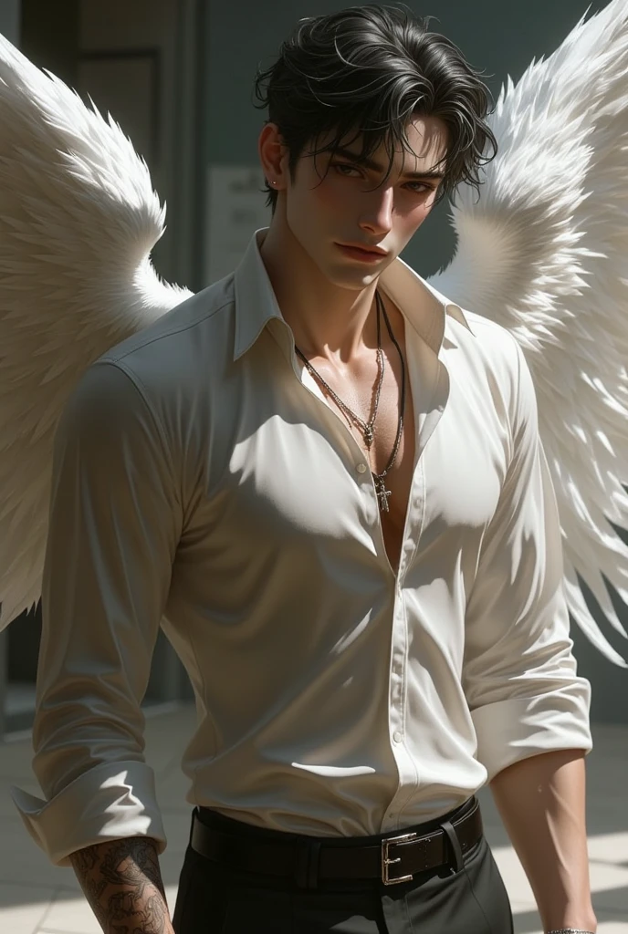 3D ANIMALS，A Victoria's Secret male model，shirt and pants，The back has very beautiful wings，Gorgeous wings，Very gorgeous，from back：1.4，Strike a pose，