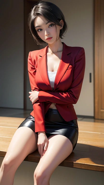  Masterpiece、 top quality、UHD,Hyperrealistic、Clear image、One person、Japanese female politicians、A breathtakingly beautiful face、red luxury tailored suit、British suit、 super mini tight skirt 、fine blouse 、、speech、 fashion model body type、 long foot、、Big Breasts、sfw,sfw, slim body 、(( Very Short Hair:1.1))、 Confident Smiles 、Active leg moving、 American Shots、 face close-up、Approaching the viewer ,ビューワーにspeech、