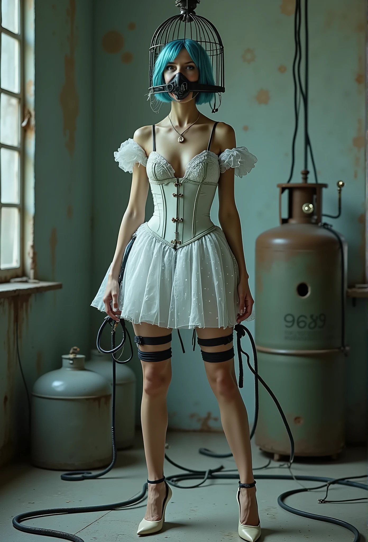 ((( Perfect Face ))) leg pocket with generator ,  hands are connected together behind her back , Light blue hair, Hände tied up,  she dances with her legs wide apart ,  beautiful ballerina , Bondage,  she breathes with an oxygen mask ,  the mask is tied to a thick , black,  corrugated sulfur hose , der mit einer black Gasflasche in ihrer Nähe verbunden ist,  a halter is tied to her thighs , an Hand- und Fußgelenken tied up, tied up, necklace, Latex corset ,  white polka dot tutu hangs high up !!!,  legs are spread wide , Mouth open, Mouth is open ,  as she clearly pronounces the sound “a” , Chin is high ,  ilizarov apparatus on her legs ,  polio braces on her legs ,  generator pack attached to her leg ,  placed on her face ,  black sexy nylon stockings with suspenders  (1,5) attracted,  latex pointe shoes ,  thick black cables lie on the ground and are plugged into her body at various points,  her head is stuck in a bird cage with thick rods ,  very detailed beautiful face, Ballknebel, Mouth open,  her throat can be seen , Mouth is wide open, (no mask,) braces.