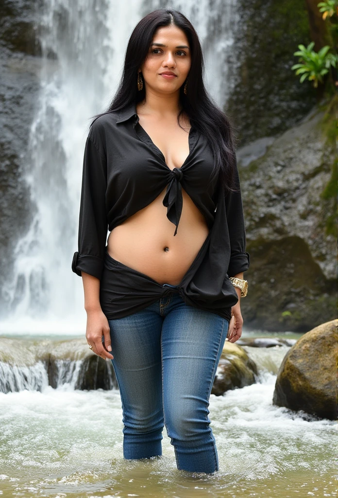 A indian mature chubby woman wearing a black shirt and a pair of jeans, showing very deep cleavage with the top buttons open, is standing in a waterfall, barefoot,and showing her round navel by tying the hem of her shirt.