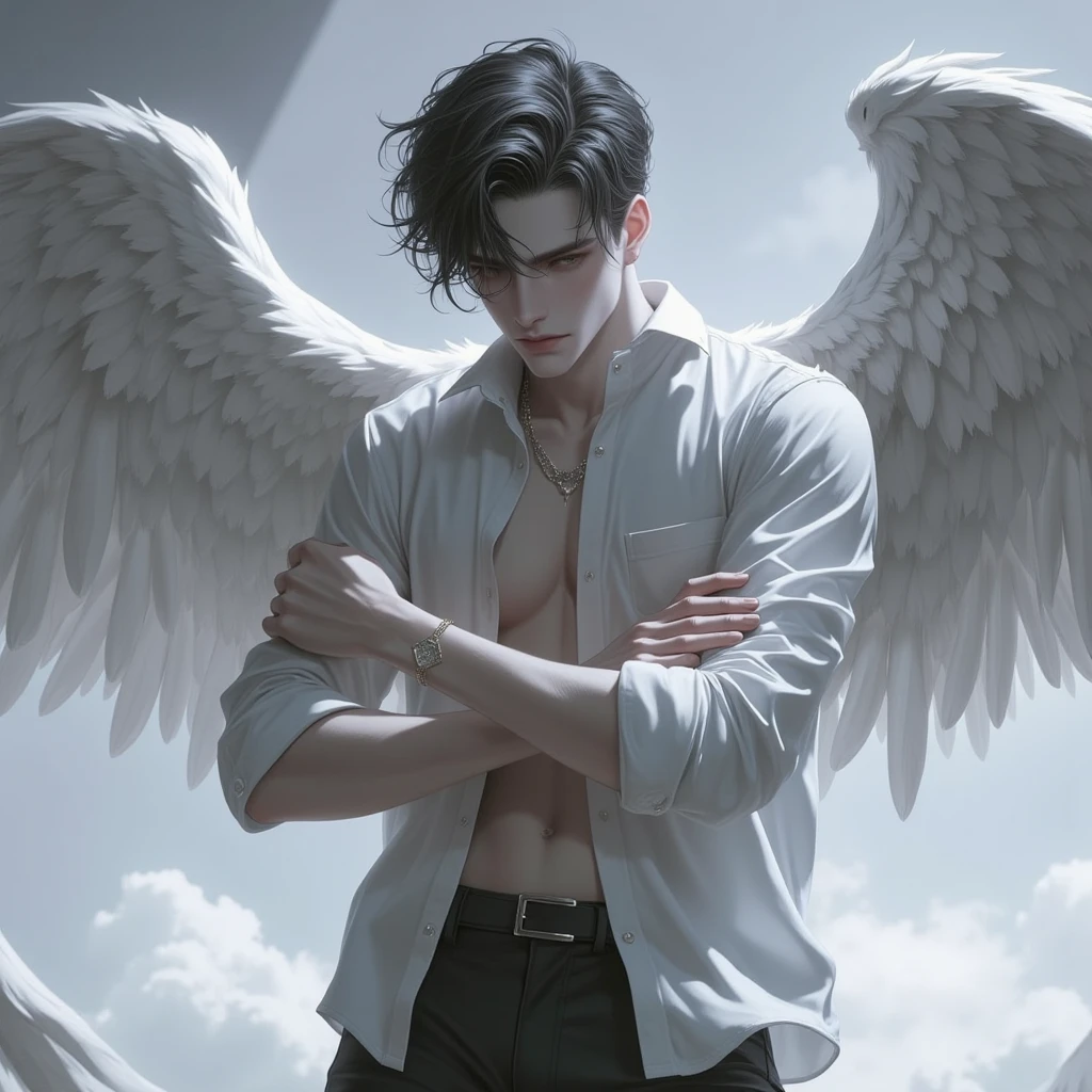 1 man, angel (4 wings), dark face, handsome, dark skinned, bare-chested, bouncing, star necklace, pink, six-pack, nipple piercing, dull, sweat, background detail, valley, large bird's nest, cave, sky, mountain peak, moon, daytime