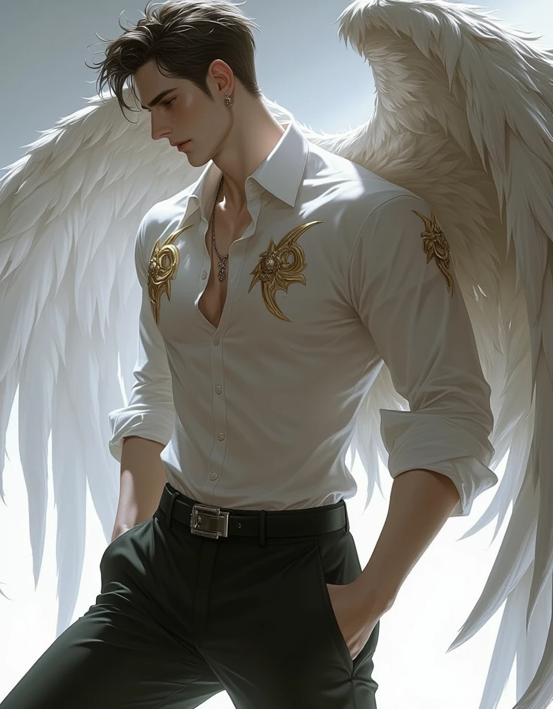 3D ANIMALS，A Victoria's Secret male model，shirt and pants，The back has very beautiful wings，Gorgeous wings，Very gorgeous，from back：1.4，Strike a pose，