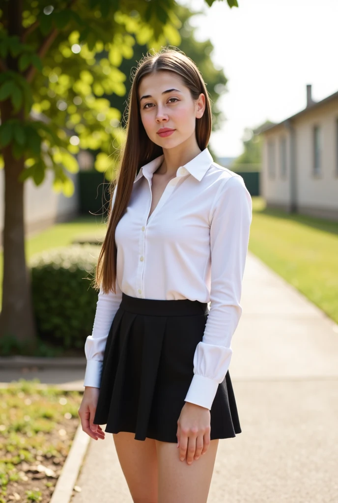 a beautiful school girl, detailed face, beautiful detailed eyes, beautiful detailed lips, long eyelashes, brown hair, full body, no shoes, short skirt, open shirt, showing legs, (best quality,4k,8k,highres,masterpiece:1.2),ultra-detailed,(realistic,photorealistic,photo-realistic:1.37),warm lighting,natural light,highly detailed,intricate details,cinematic lighting,soft focus,detailed render,elegant,sensual,alluring