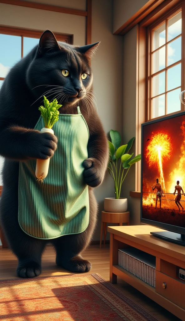 ultra-realistic, photorealistic, dramatic scene, shadow, global-illumination, solo, (1 human-like giant black cat is standing and watching TV), (the human-like giant black cat looks gentleman only wearing a vertical striped green apron), A cat holds a daikon radish in its hand and nibbles on it whole at the stylish Japanese apartment room, the large TV displays\(Muay Thai fighter vs. terrifying man-eating panda, there are the shouting Muay Thai fighter and terrifying panda with fang, volcano, thunder, giant meteorite, Muay Thai fighter shows extremely painful expressions\), peaceful sunny day,