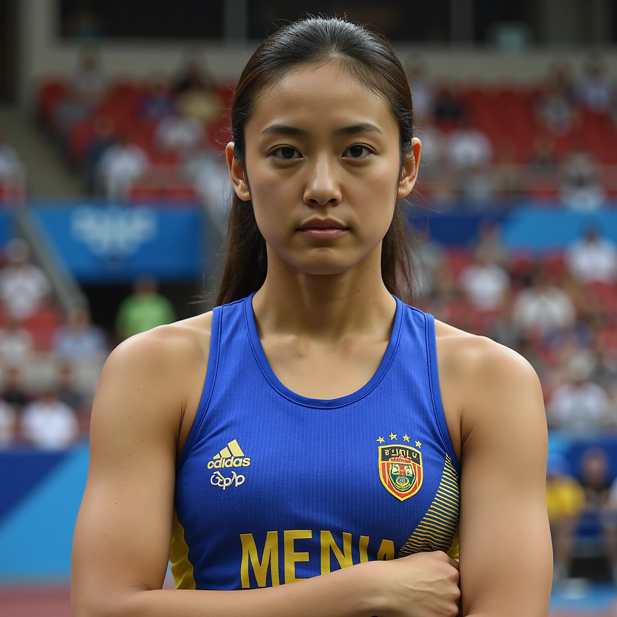 A professional female athlete in a focused stance at an international sports event. She is wearing a sleek blue and yellow athletic uniform with her country's emblem prominently displayed. The background features a vibrant stadium filled with blurred spectators, creating an energetic and competitive atmosphere. The athlete exudes determination and readiness, highlighting her disciplined physique and dedication to her sport.