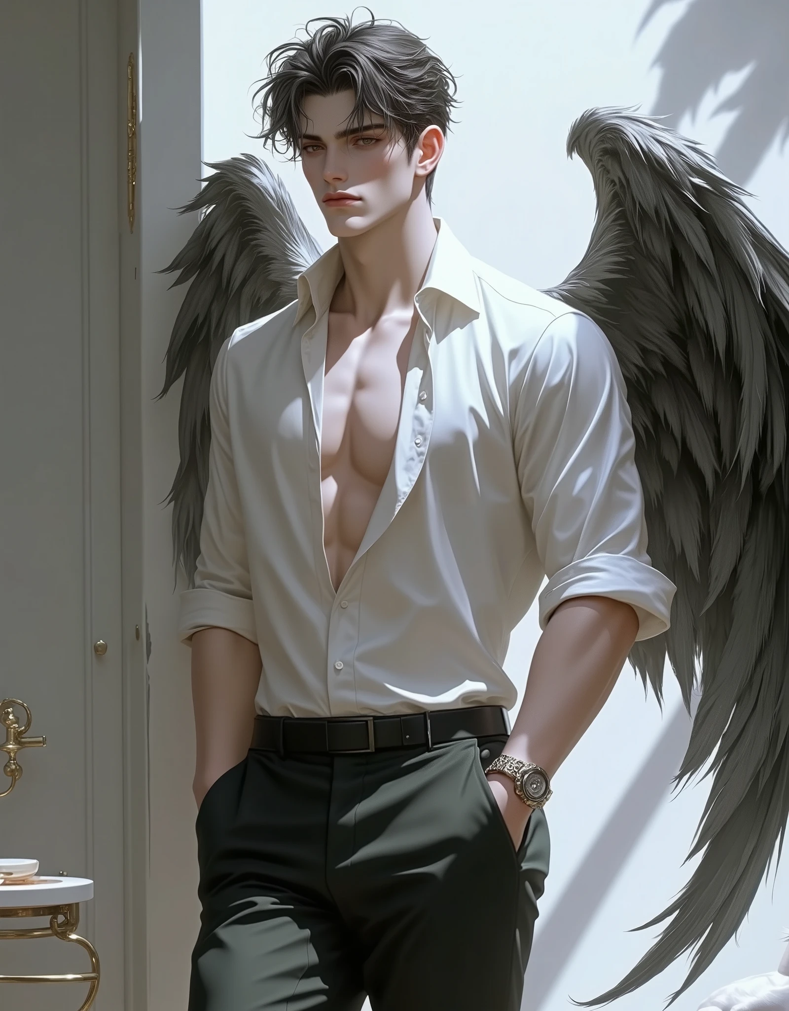 3D ANIMALS，A Victoria's Secret male model，shirt and pants，The back has very beautiful wings，Gorgeous wings，Very gorgeous，from back：1.4，Strike a pose，