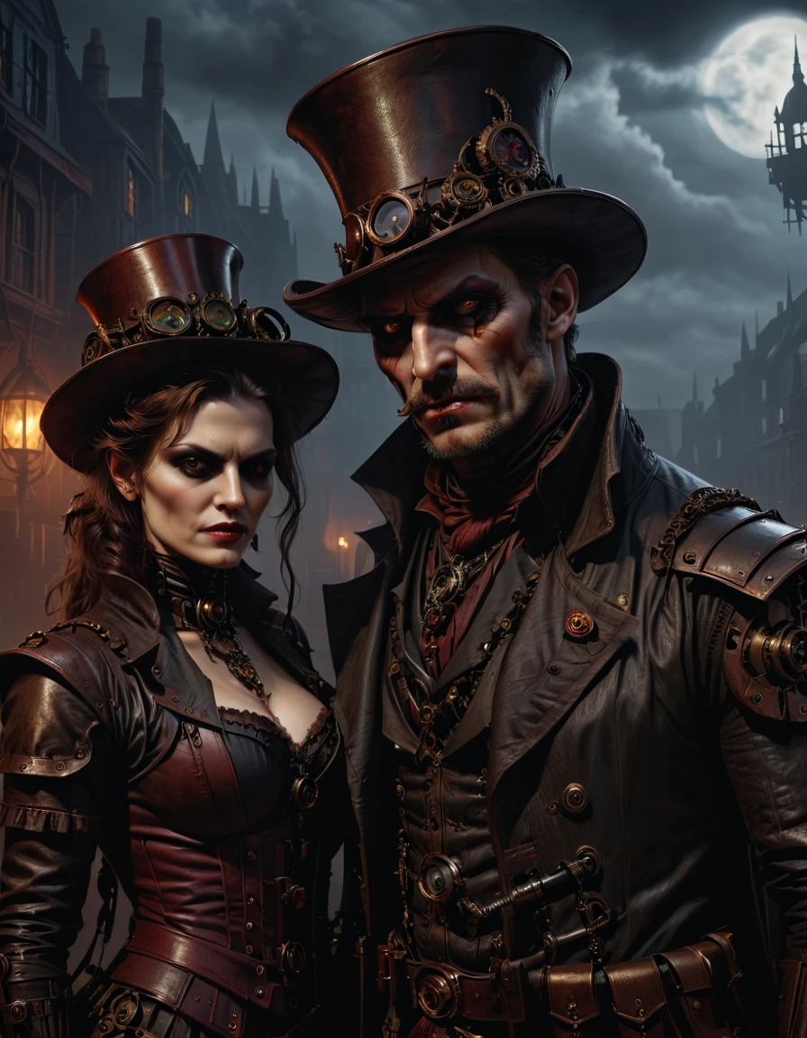 Demon and Vampire Hunter, steampunck, Dark Fantasy, high detail, hyperrealistic, cinematic frame, a high resolution