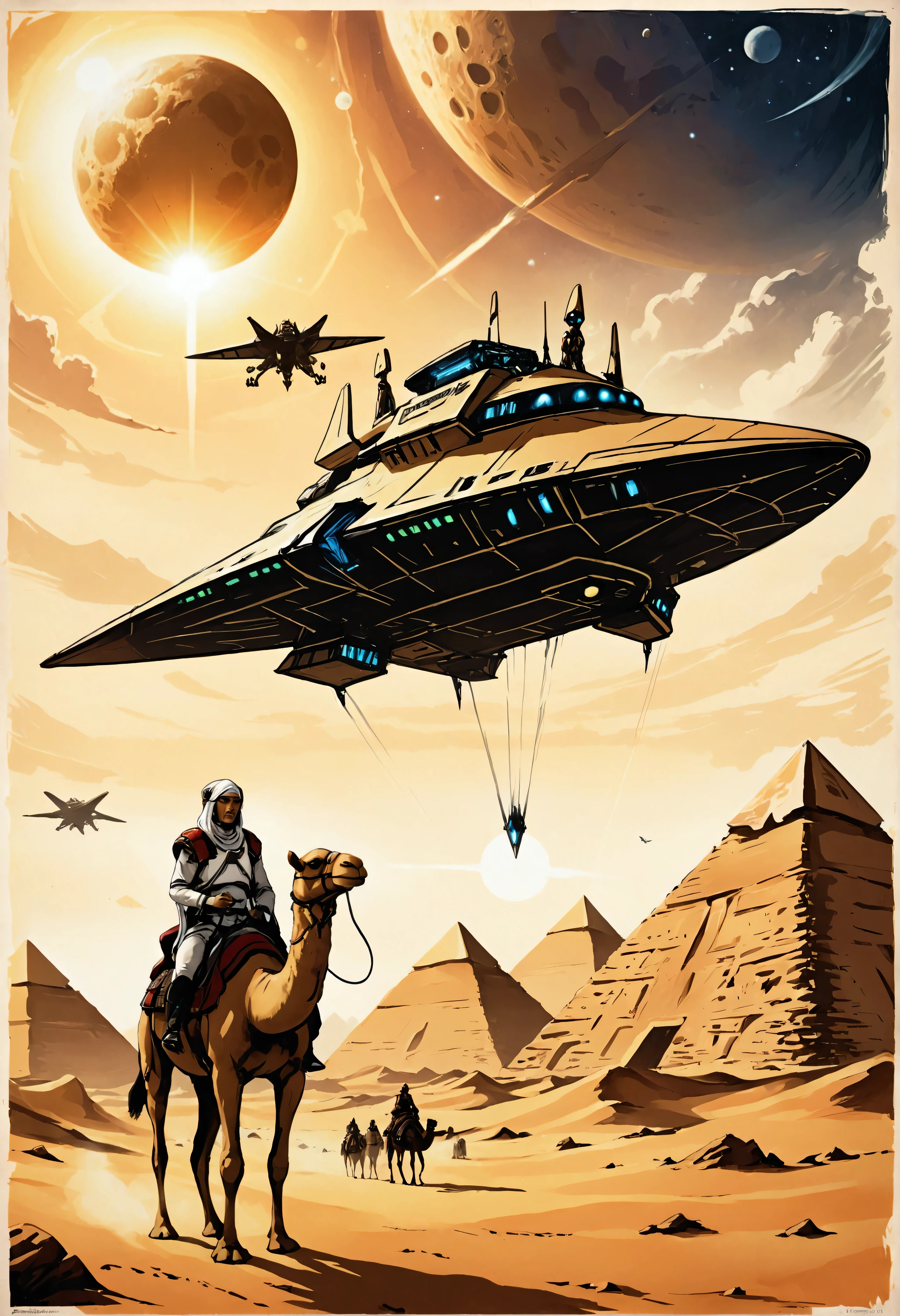 search poster  ,   simple sketch on parchment ,   dark ink painting   ,  detailed facial features ,  Sci-fi landscape,  movie poster ,  desert with ,  far pyramids in the background , in the air, the spaceship ,  in the foreground is a camel rider,  fantastic events  ,   high quality,   cinematic  ,  masterpiece fails