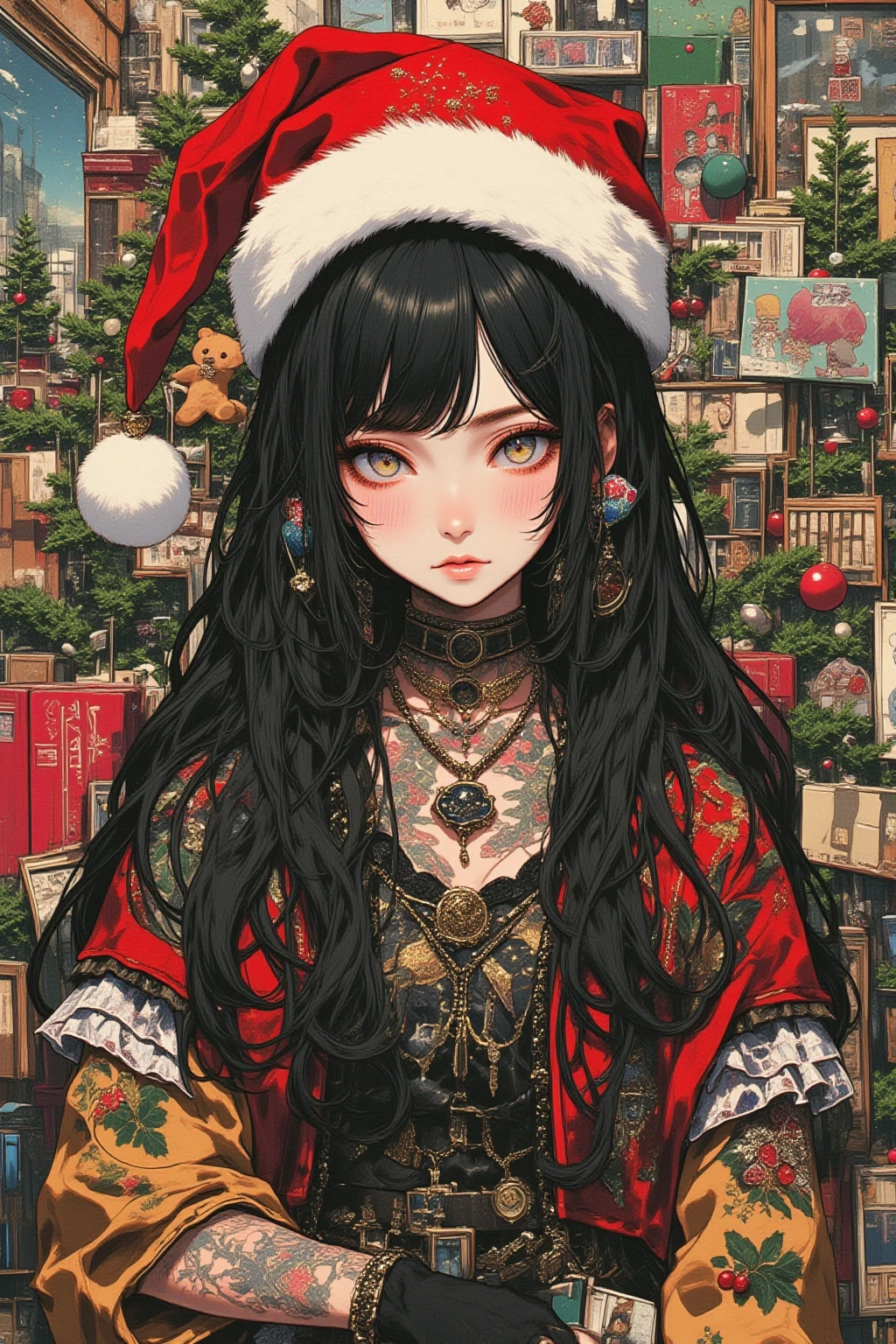   Gothic Lolita in a Santa Claus hat ,A woman said  「 which design do you like ?」,black,gray,red,,green, surreal collage,a contemporary artistic collage,collage artwork,  New Album Jacket  ,  Great Job  !! ,digital collage、(collage ),collage art,contemporary collage,mixed media collage,  surreal +       next to the piano is high resolution ,  surreal style,convertible、     call the inner world of the autism spectrum 、look at me,tattoo,teddy bear,  bandana,frills, above o , Christmas tree