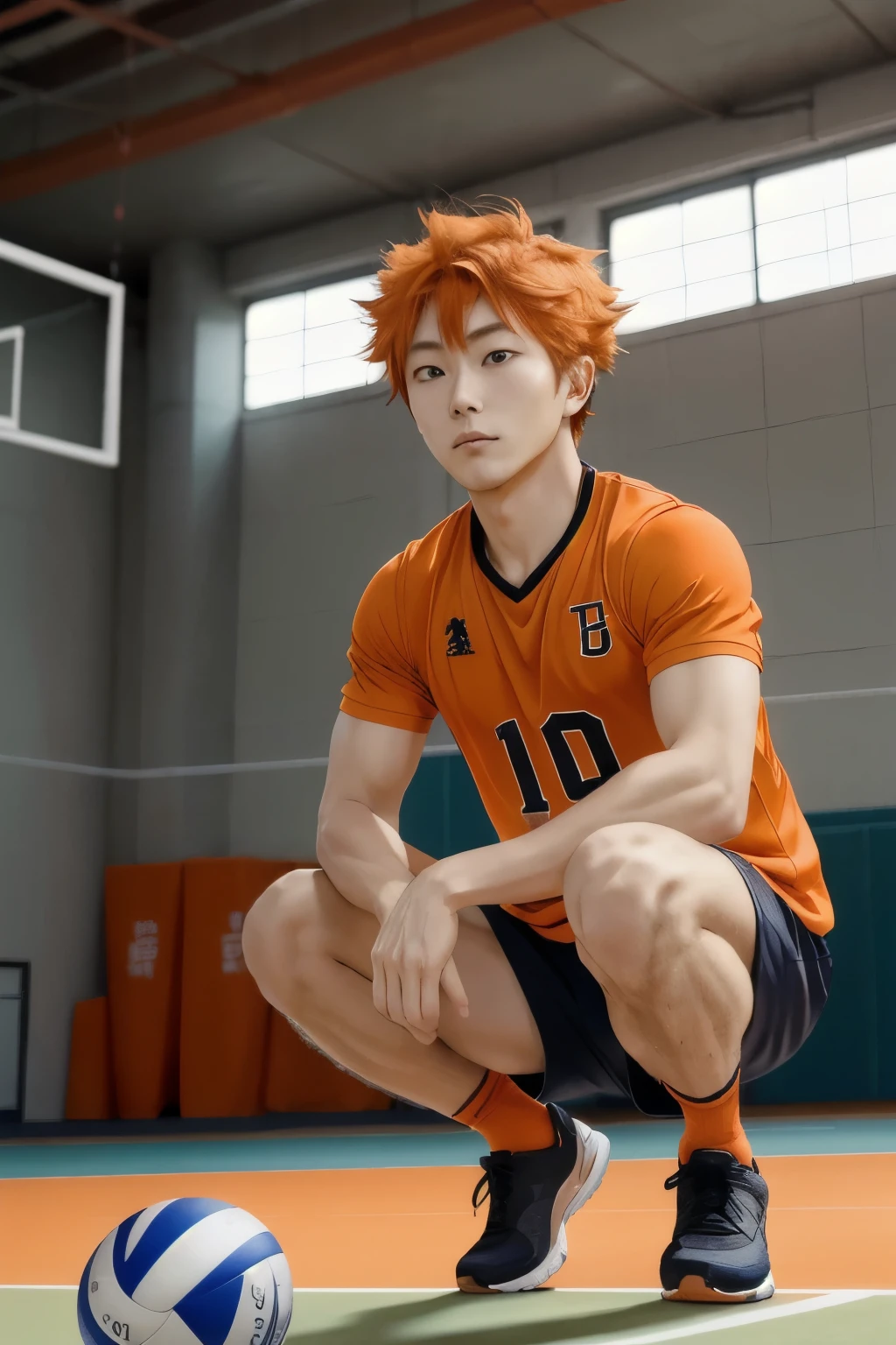 high res, masterpiece, Hinata Shoyo,  orange hair, Alone, 1人のmaleの子, male,  volleyball court, gym、evening、  Details Eyes , Dynamic Composition 、