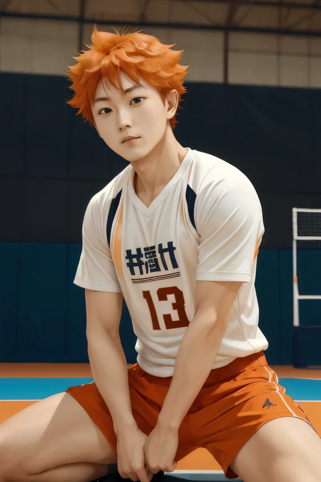 high res, masterpiece, Hinata Shoyo,  orange hair, Alone, 1人のmaleの子, male,  volleyball court, gym、evening、  Details Eyes , Dynamic Composition 、