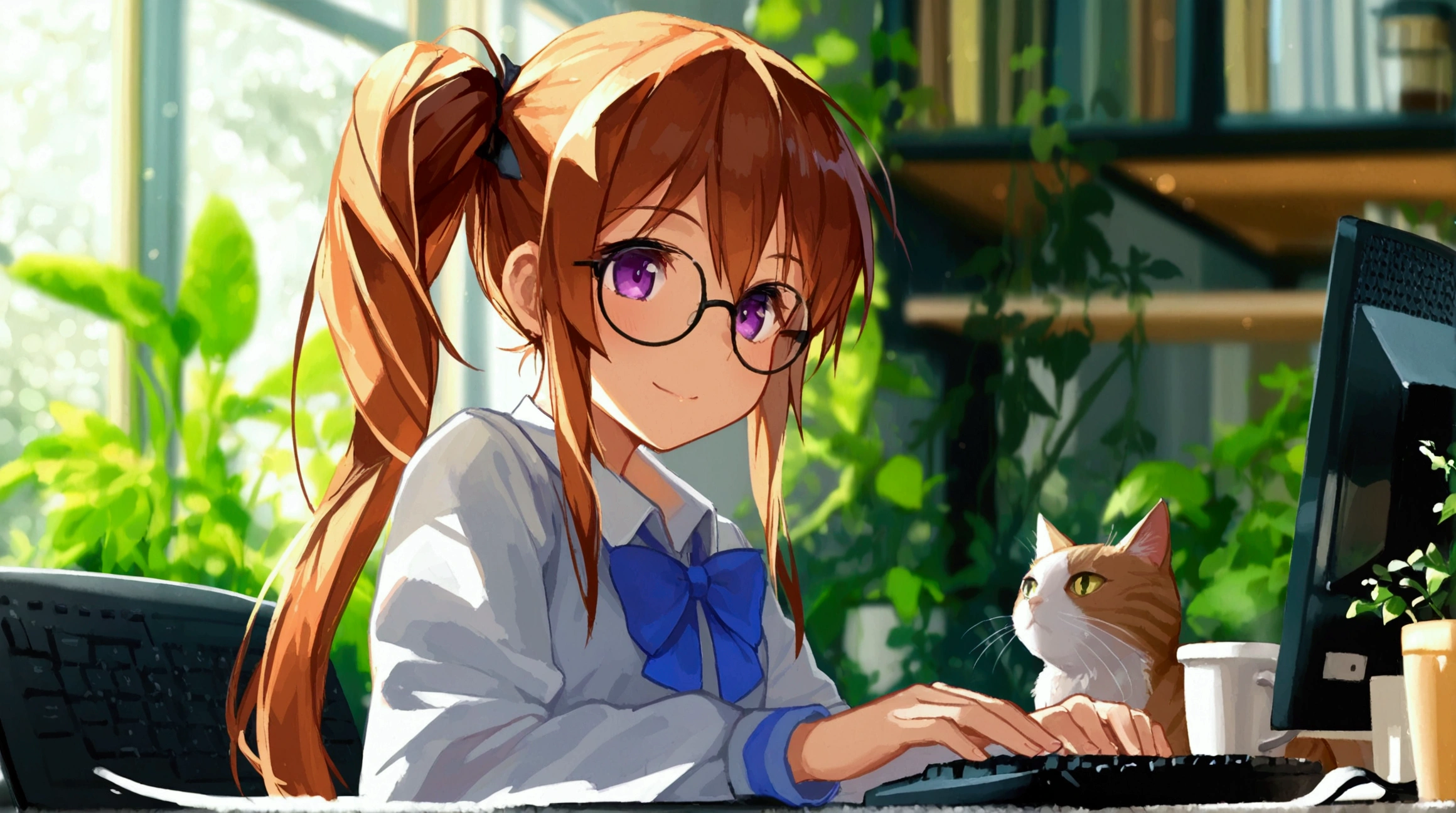 Masterpiece, 8k.uhd., hi-resolution, young girl with brown long twin tail hair, wearing glasses, purple eyes, school uniform, sitting and typing on a keyboard in an office with plants in the background, a cup of coffee, and a cat on the desk during daylight, side angle