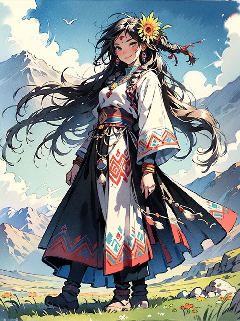 masterpiece, Best Quality ,1 Girl,  Smile, Full body nymphomaniac, ((Tibetan)), Tibetan服饰, Front view, dynamic, prairie, sunset, sun, wind, Fluttering , Mountain,Yak