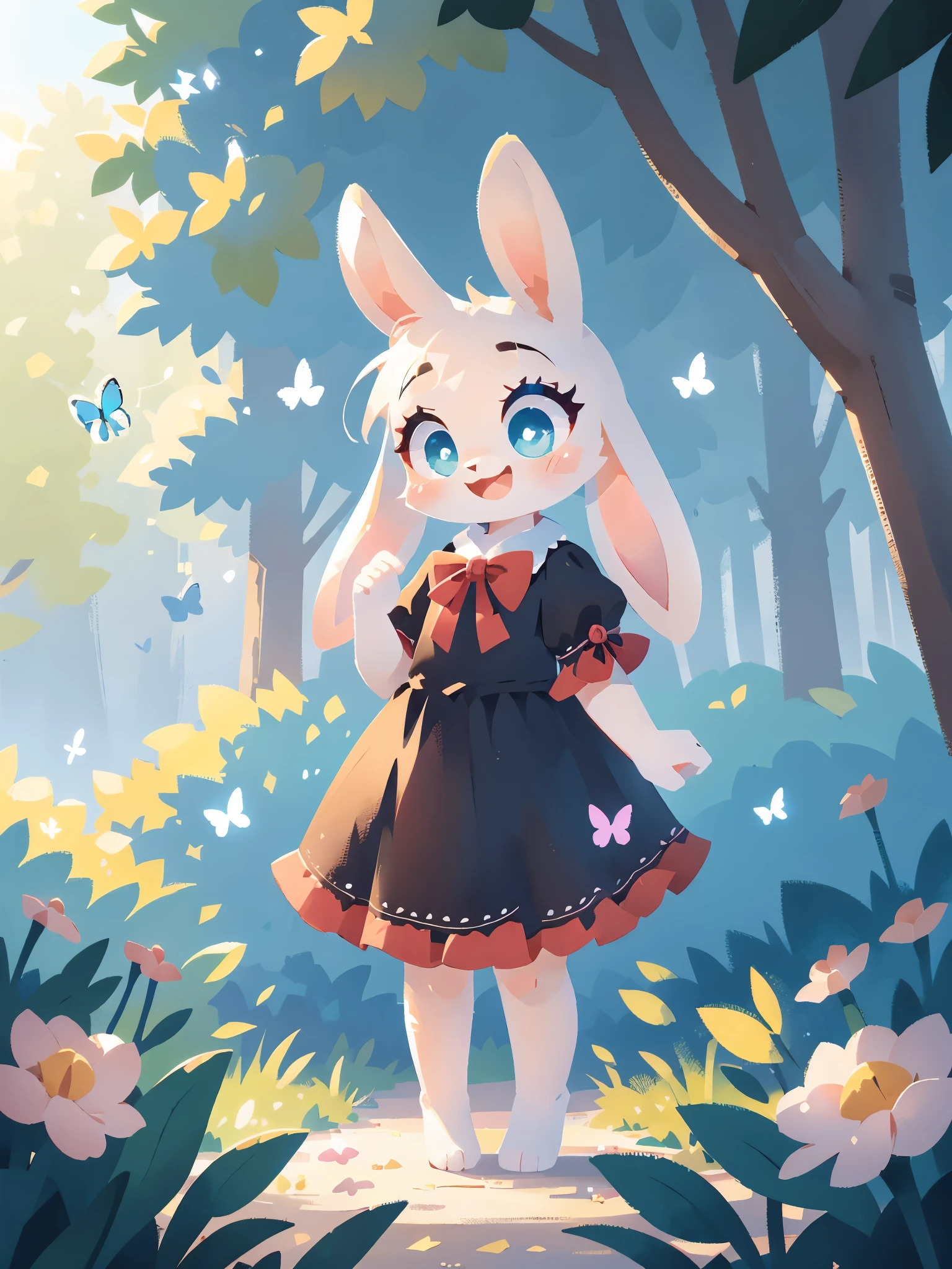 zoomed out image, ((solo character)), cute style art, fantasy style art, cute, adorable, short character, small, tiny little fluffy female white bunny with blue eyes, 4 ears, 2 extra ears, big floppy ears, long ears, ears perked up, raised ears, long eyelashes, poofy rabbit tail, wearing a red frilly ribbon dress, smiling, standing in a colorful fantasy forest, soft tones, big expressive smile, open mouth, wide eyes, excited eyes, excited face, stunning visuals, sunlight coming through the trees, flowers scattered in the bushes, butterflies in the air, digital illustration