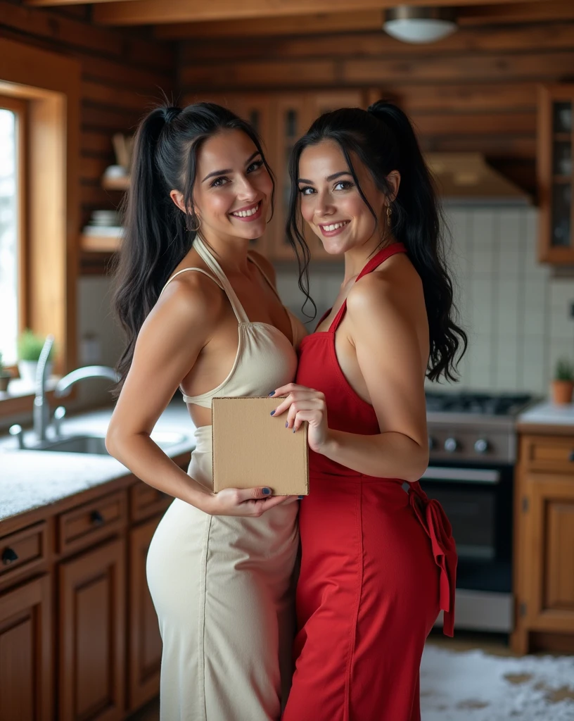 two sexy woman in the kitchen, realistic photo, the one on the left has silver grey flowing hair, the one on the right has brown hair, perfect bodies and perfect ass, wet lingerie, 