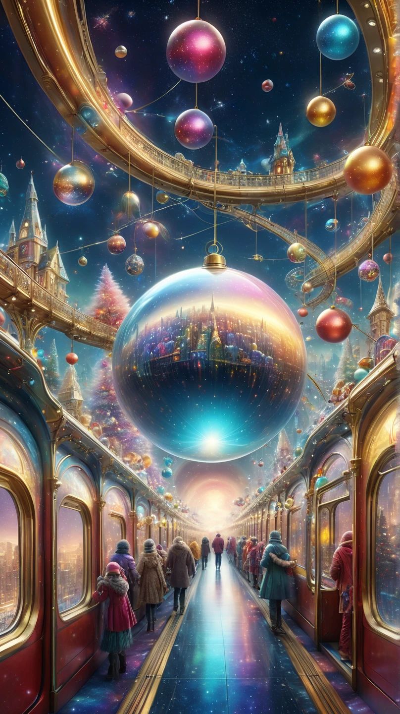 masterpiece、  top quality 、Latest、  absurd、  high definition  、 colorful Christmas city in zero gravity、Gold rail 、Run the train、 changes transparency depending on angle 、Create a 、 Glowing colorful sphere decoration 、 fantastic space、 Surreal Fantasy 、SF