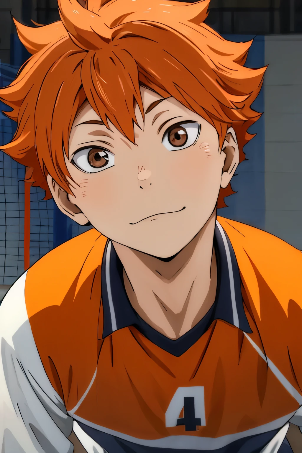 high res, masterpiece, Hinata Shoyo,  orange hair, Alone, 1人のmaleの子, male,  volleyball court, gym、evening、  Details Eyes , Dynamic Composition 、receive