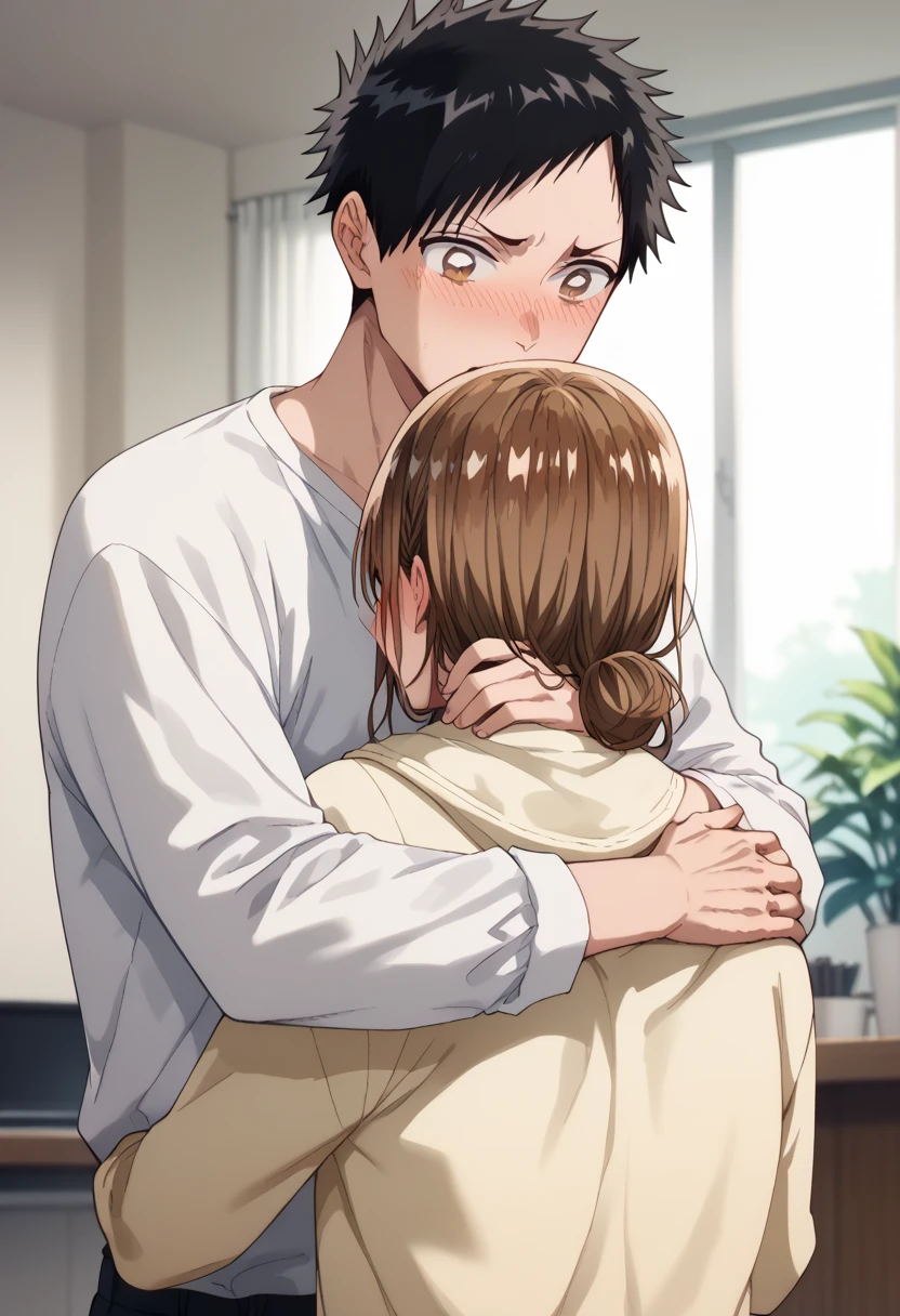 (Chinatsu Kano), ((( 1 woman with brown hair ), embarrassed face),I'm being hugged ), man and woman,(1 man with black hair ),(( a man clings his chest to a woman's back from behind,A man hugs her from behind, hug from behind 、grab)), extremely detailed eyes:1.2