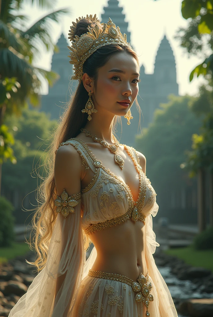 **Prompt**:  
A stunning, high-definition image of a beautiful woman in futuristic Thai attire, sitting in a sexy pose in a magnificent celestial palace. Surrounding her are protective guardian angels, enhancing the ethereal atmosphere of the scene. The intricate details of her outfit blend traditional Thai elements with futuristic design, creating a captivating contrast. The palace is adorned with ornate decorations, glowing softly in the background, with the woman as the focal point of this divine setting. The entire composition exudes elegance and mystique.