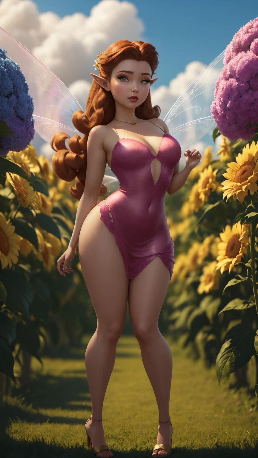 masterpiece, 8k, perfect ligthing, , adult, female, (looking at viewer), cinematic lighting, full body shot,  Rosetta, (RosettaWaifu:1.1), Auburn Hair, Hair curled at the ends, pink dress, (long transparent fairy wings), (long wings:1.3), clothes made from leaves, (clothes made from petals:0.9), (pointy ears:1.1), (Green Eyes, emerald eyes), detailled eyes, shrunken, clouds, flowerfield, (huge gigantic flowers), flower in hair, petals falling, blush, gold pixiedust , Daylight, (day:0.8), (RSEEmma:1.2) ,  sexy, vivid colores, sex