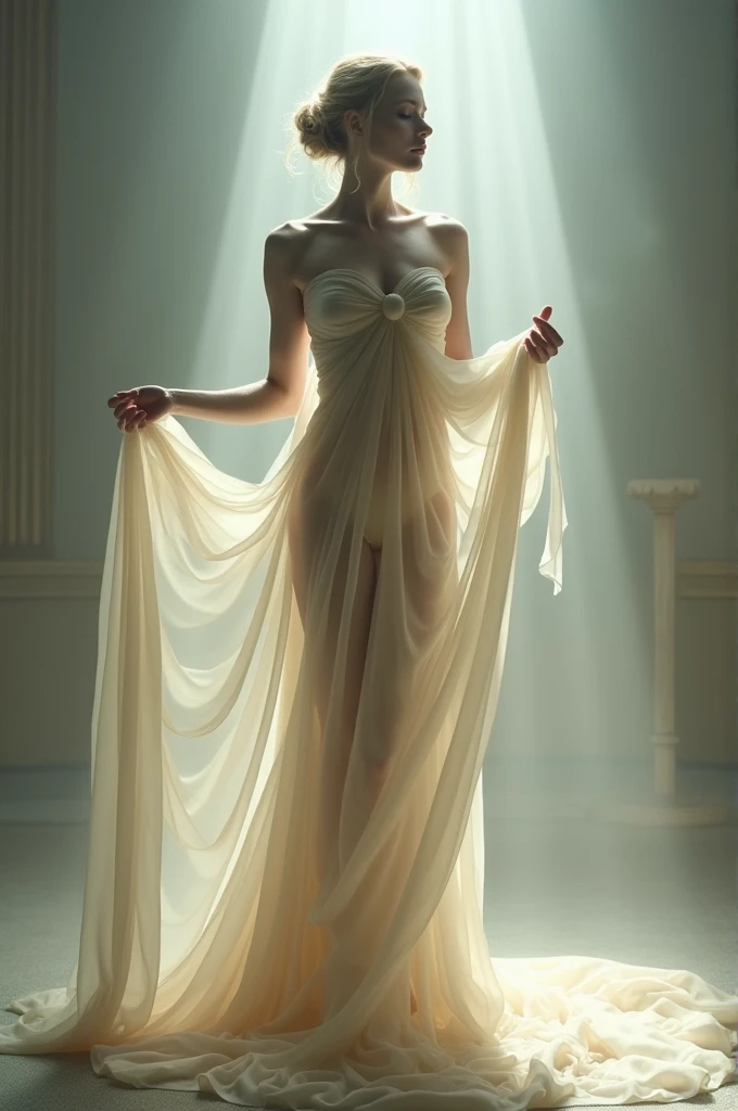(Emma watson), the woman stands in front of a window with her legs wide open. From outside, the sun shines into the dark room. The woman wears a see-through long skirt and a see-through cropped shirt, (belly-bar), see-through, (Masterpiece:1.2) (Photorealistic:1.2) (Best Quality) (Intricate Details) (8K) (High Poly) (Raytracing), (Sharp Focus)