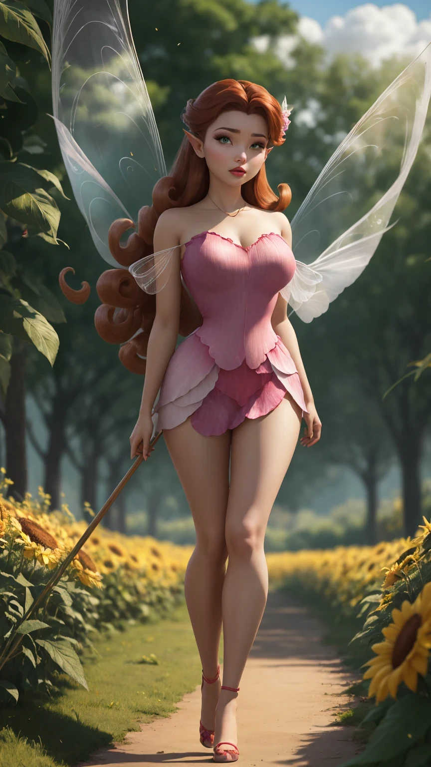 masterpiece, 8k, perfect ligthing, , adult, female, (looking at viewer), cinematic lighting, full body shot,  Rosetta, (RosettaWaifu:1.1), Auburn Hair, Hair curled at the ends, pink dress, (long transparent fairy wings), (long wings:1.3), clothes made from leaves, (clothes made from petals:0.9), (pointy ears:1.1), (Green Eyes, emerald eyes), detailled eyes, shrunken, clouds, flowerfield, (huge gigantic flowers), flower in hair, petals falling, blush, gold pixiedust , Daylight, (day:0.8), (RSEEmma:1.2) ,  sexy, vivid colores, sex