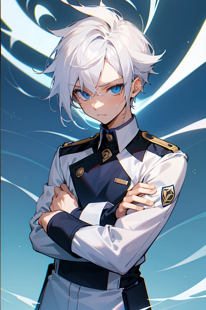 1 Male. Young teen. Uniform, White Hair, Blue eyes, arms crossed. 