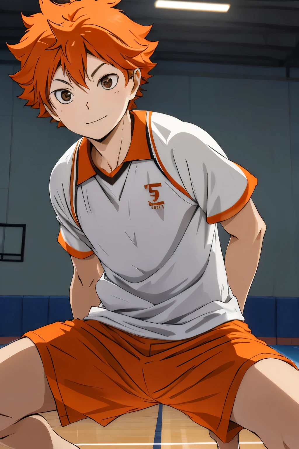 high res, masterpiece, Hinata Shoyo,  orange hair, Alone, 1人のmaleの子, male,  volleyball court, gym、evening、  Details Eyes , Dynamic Composition 、Jump vertically