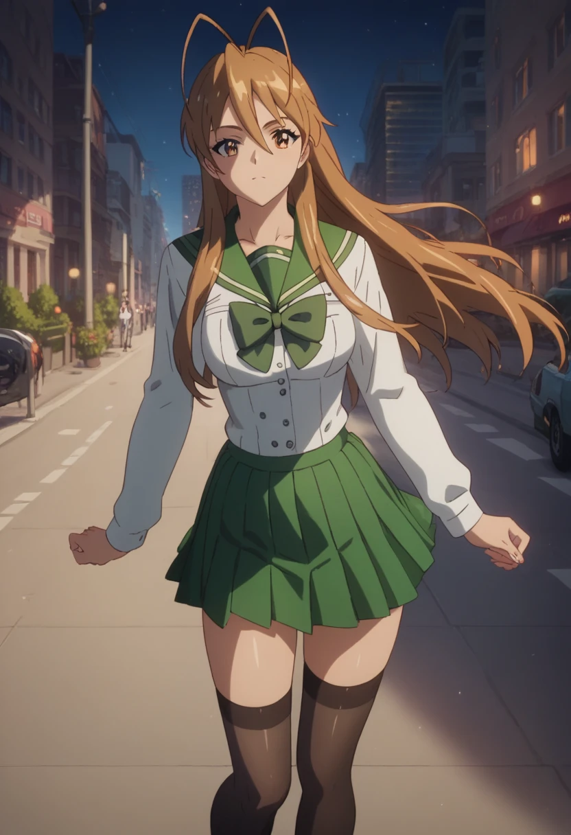 masterpiece, best quality, highres, 1girl, solo, long hair, brown hair, antenna hair, brown eyes, school uniform, green sailor collar, black bowtie, white shirt, long sleeves, pleated skirt, green miniskirt, black thighhighs, standing, official_art, beautiful body, beautiful legs, perfect body, perfect Hips, beautiful face, outdoors, night, street, city, shoes, sexy legs, 