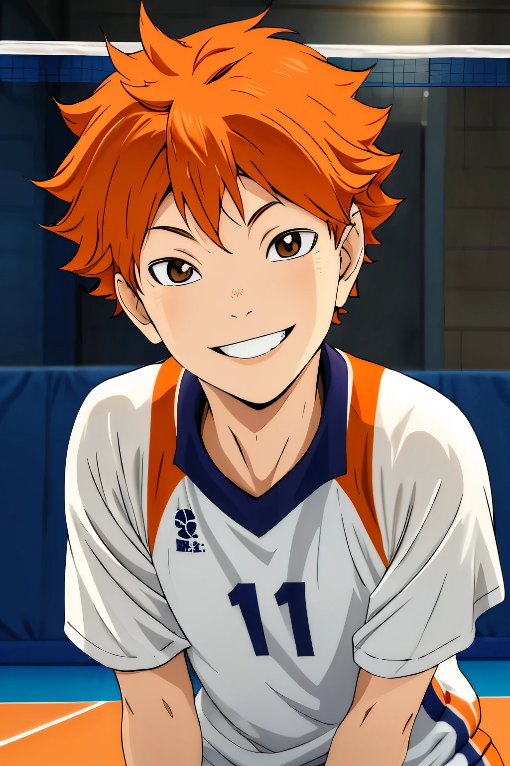 high res, masterpiece, Hinata Shoyo,  orange hair, Alone, 1人のmaleの子, male,  volleyball court, gym、evening、  Details Eyes , Dynamic Composition 、smile