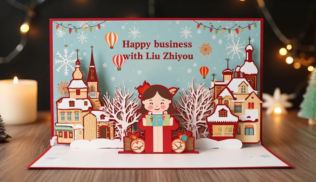 Birthday card border ,  Picture of a Girl Holding a Gift.   red shiny words “Happy business with Liu Zhiyou”, Hot air balloon in the sky, Warm Town ,winter，  Lively atmosphere , Fireworks background,Cardboard art engraving 