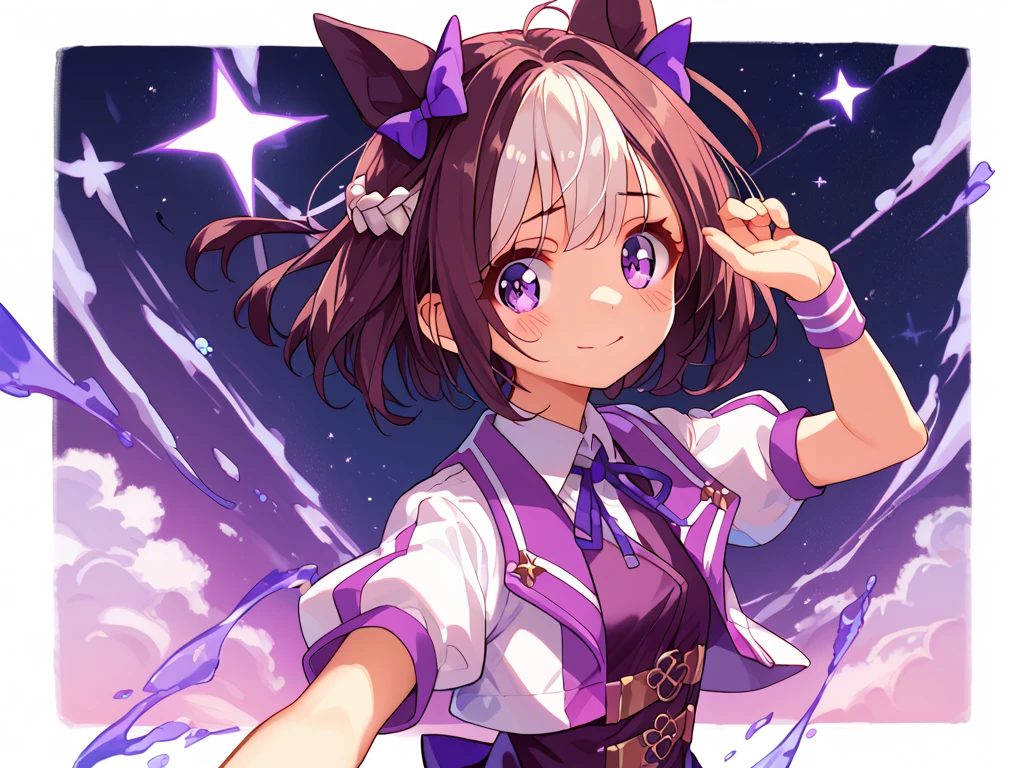 best quality, absurdres, masterpiece, 1人の女の子
special week \(Uma Musume\), 
ear bow, purple bow, puffy short sleeves, neck ribbon, blue ribbon, cropped jacket, white jacket, two-tone jacket, collared shirt, white shirt, purple vest, wristband, wrist cuffs, white skirt, pleated skirt, two-tone skirt, frilled skirt, frills,   zettai ryouiki, white thighhighs, white footwear, purple footwear, asymmetrical footwear, mismatched footwear, Durable sneakers, glad, smiling, embarrassed, standing, looking at viewer, in the field of flowers, surrounded by stars and stardust, at midnight, cute, beautiful, upper body, from front, moonlight