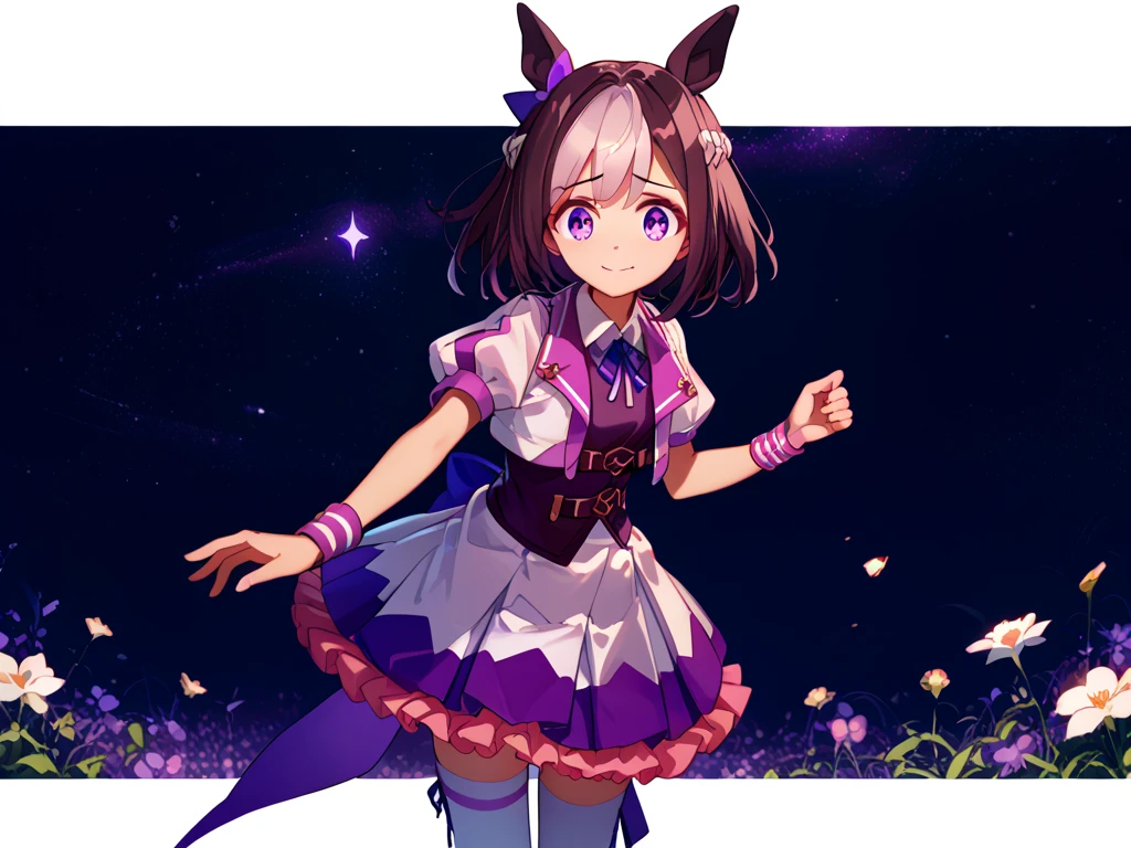 best quality, absurdres, masterpiece, 1人の女の子
special week \(Uma Musume\), 
ear bow, purple bow, puffy short sleeves, neck ribbon, blue ribbon, cropped jacket, white jacket, two-tone jacket, collared shirt, white shirt, purple vest, wristband, wrist cuffs, white skirt, pleated skirt, two-tone skirt, frilled skirt, frills,   zettai ryouiki, white thighhighs, white footwear, purple footwear, asymmetrical footwear, mismatched footwear, Durable sneakers, glad, smiling, embarrassed, standing, looking at viewer, in the field of flowers, surrounded by stars and stardust, at midnight, cute, beautiful, upper body, from front, moonlight