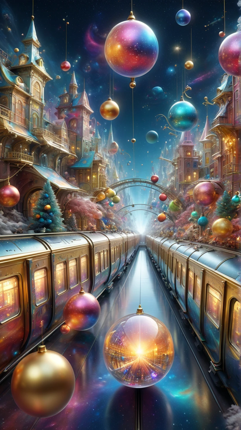 masterpiece、  top quality 、Latest、  absurd、  high definition  、Create a colorful Christmas city in zero gravity space、Gold rail 、Run the train、 changes transparency depending on angle 、 Glowing colorful sphere decoration 、 fantastic space、 Surreal Fantasy 、SF