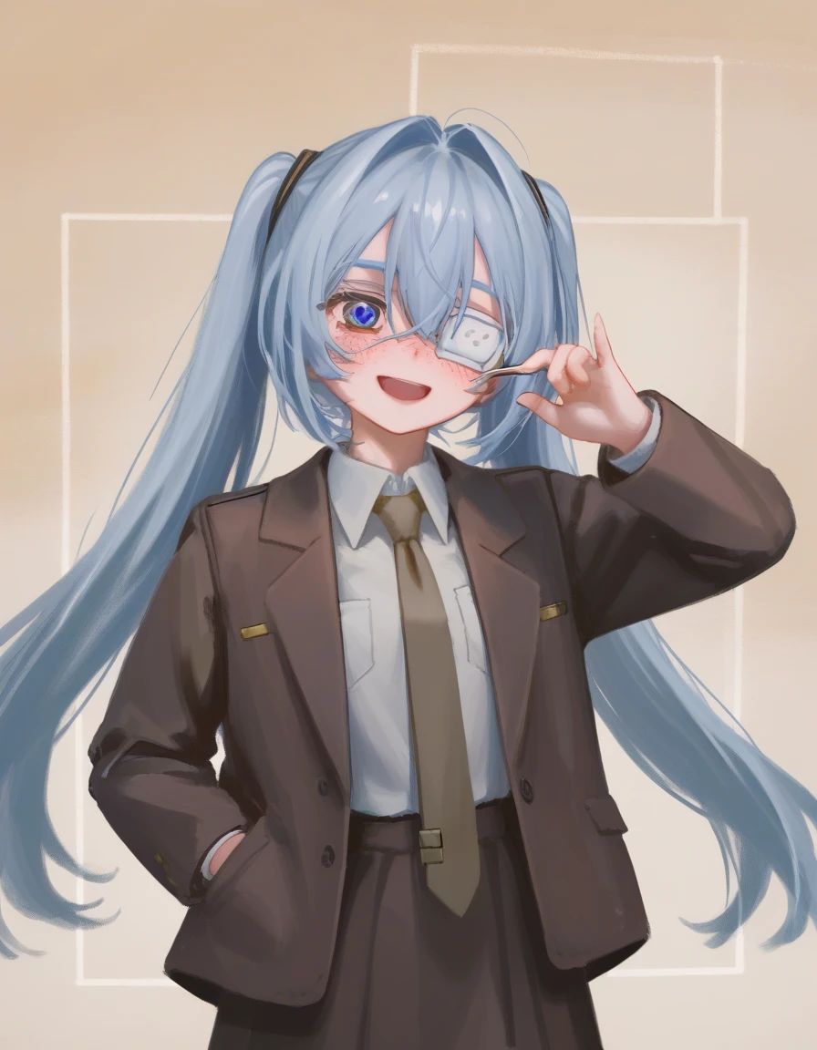 score_9, score_8_up, score_7_up,  source_Anime,  rating_safe,
 1 girl, Hatsune_Miku, hmmonitoring, very_length_hair,  light blue twin tails, 前hair, hair_between_eyes, medicine_eyepatch, Freckles, School_uniform, collared_ shirt, purple necktie, brown  jacket, open_ jacket, length_sleeve , brown pleats _ skirt , 
hand_up, open_mouth, :d, half-closed_eyes, upper_teeth, hand_in_pocket, One_eye_cEnded, ok_sign, lapels, hand_End_eye, evil_smile,，皮肉的なsmile，
Abstract_background, pattern_background,  multicolor_background,