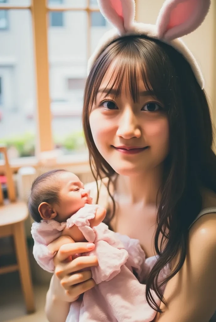 She's a babysitter ,masterpiece, 4K, Bokeh, (Cute:1.5), ( beautiful girl:1.3), ( Japanese idol :1.6), ( rabbit ear :1.3) , ( Cute Dress :1.3), ( I love babies :1.6),  blushed,  cowboy shot , ( holds a cute sleeping baby :1.5), (smile:1.3), (The background is the living room  :1.4),