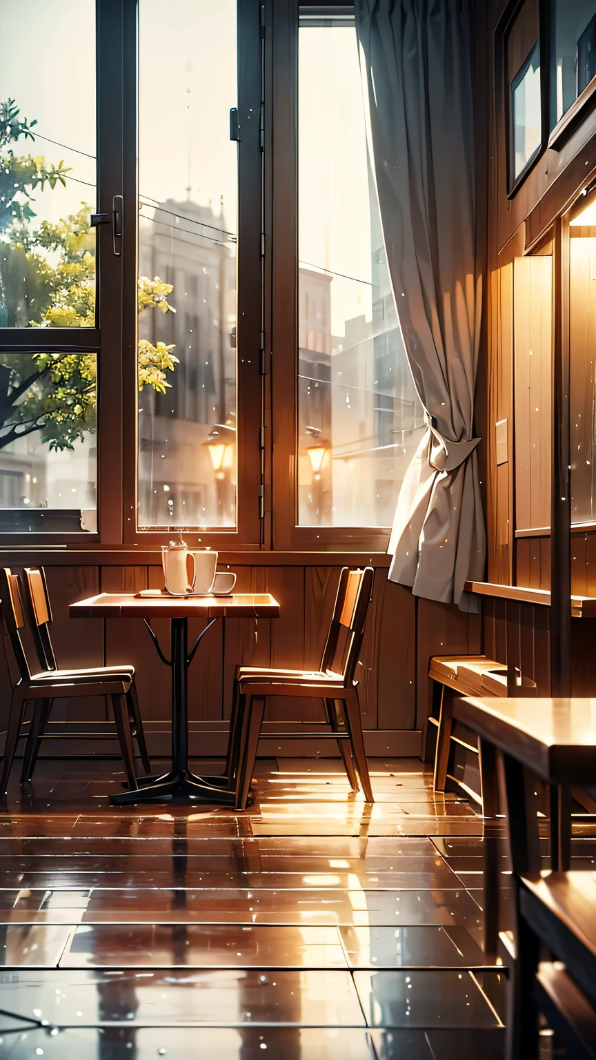“Inside the cozy café ‘Rainy Day’ on a rainy afternoon. Soft yellow light fills the room, casting a warm glow on the wooden furniture. Several regulars sit around a large table, talking quietly and sipping coffee, while the café owner listens with a gentle smile. Outside, raindrops gently tap against the large windows, creating a peaceful, reflective atmosphere. Through the window, the streets are wet and empty, adding to the feeling of intimacy inside.”