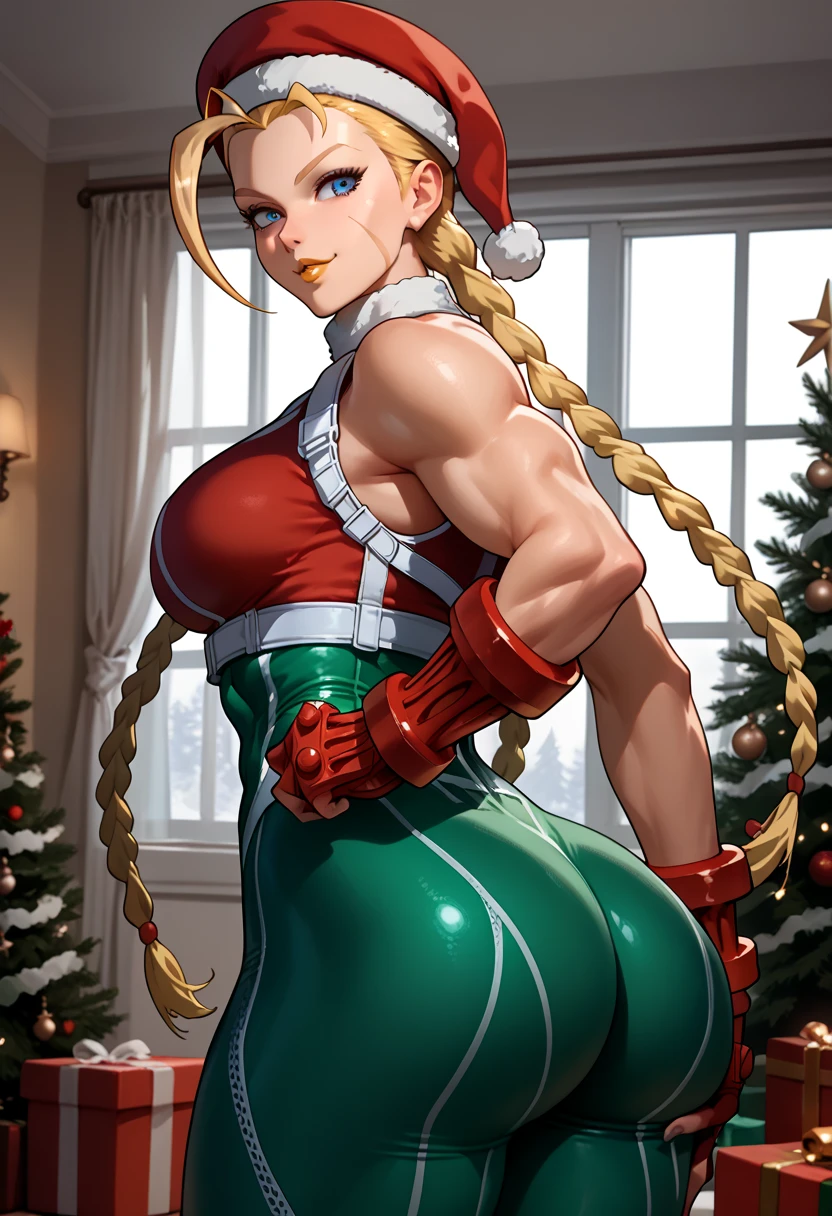 woman in sexy pose, looking at viewer, long yellow hair, cammy, tight body, big ass, smiling, anime style, christmas outfit, yellow lipstick, christmas, indoors, cammy