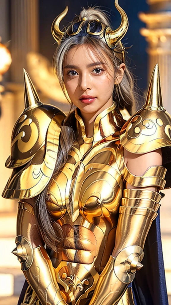 (( 1 woman )))  beautiful 女性,  Ultra Realistic Photo Shoot with Cutting Edge Details, Greek ruins in the background. (shiny shiny golden metal armor ), Saint Seiya Armor, (((Cancer Armor))),   beautiful,  blue eyes,  tanned skin, Every detail,  beautiful face with details, walking at the  ancient Greek ,  ancient Greek ,  super high resolution , 8k,  Milky Way, Night Sky, ((Wear a golden, horned helmet )), Sexy Armor , (Light grey colored hair ),( cross your arms),(Spike Shoulder Armor )